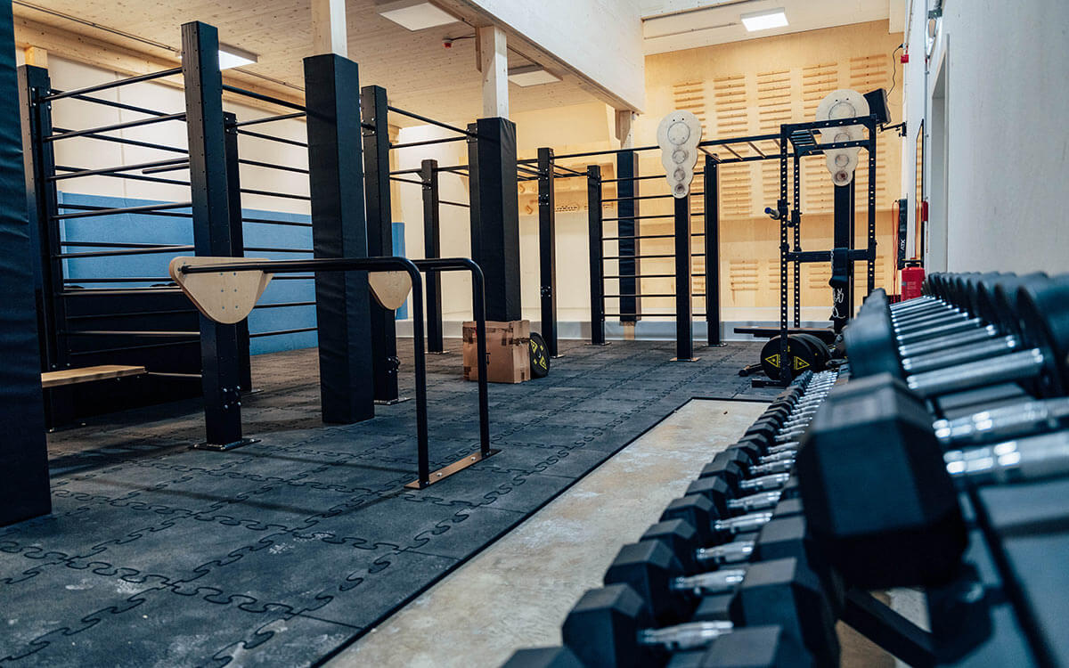 Großer Fitnessbereich mit Campusboard, Fitnessrack, Langhanteln und großer Auswahl an Kurzhanteln
